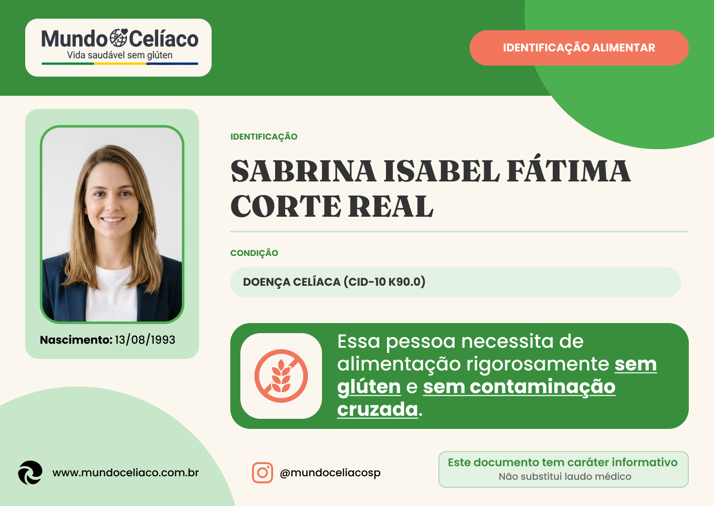 Carteirinha para celíaco do Mundo Celíaco, com foto, nome e condição